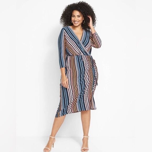 NWOT Lane Bryant Surplice-Neck Side-Ruched Midi Dress Striped size 14/16 - Picture 1 of 6